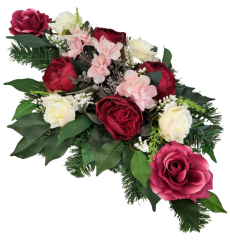 Trauergesteck aus künstliche Pfingstrosen, Rosen und Zubehör 65cm x 38cm x 23cm