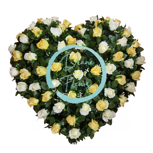 Smútočný veniec "Srdce" z umelých ruží 80cm x 80cm žltý & krémový