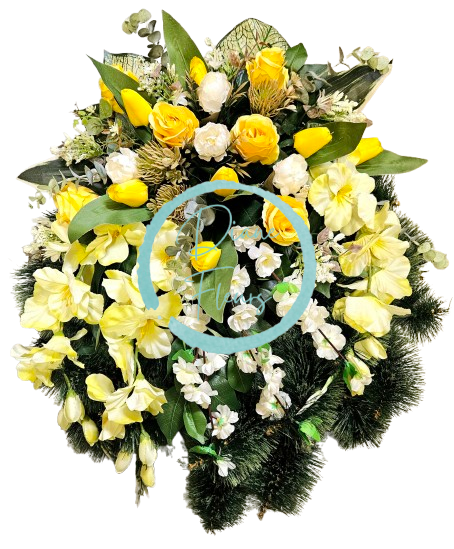 Luxusný smútočný veniec borovicový exclusive ruže, tulipány, gladioly, jabloňové kvety, bodliak a doplnky 70cm x 65cm