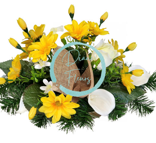 Trauergesteck aus künstliche Gänseblümchen, Calla-Lilien und Zubehör 50cm x 28cm x 25cm
