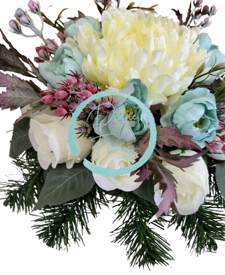 Smútočný aranžmán betonka umelé ruže, pivonky, chryzantémy a doplnky Ø 30cm x 20cm