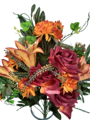 Luksusowy sztuczny bukiet chryzantem, róż, lilii z dekoracjami 54cm bordowy, pomarańczowy
