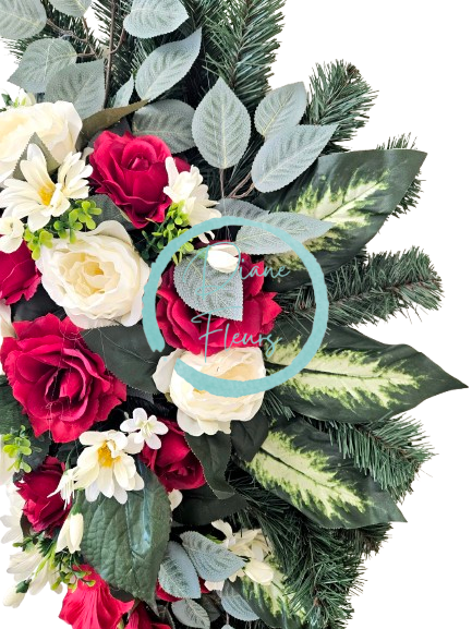 Coroana "frunze" de trandafiri artificiali, bujori, margarete, gladiole si accesorii 100cm x 60cm