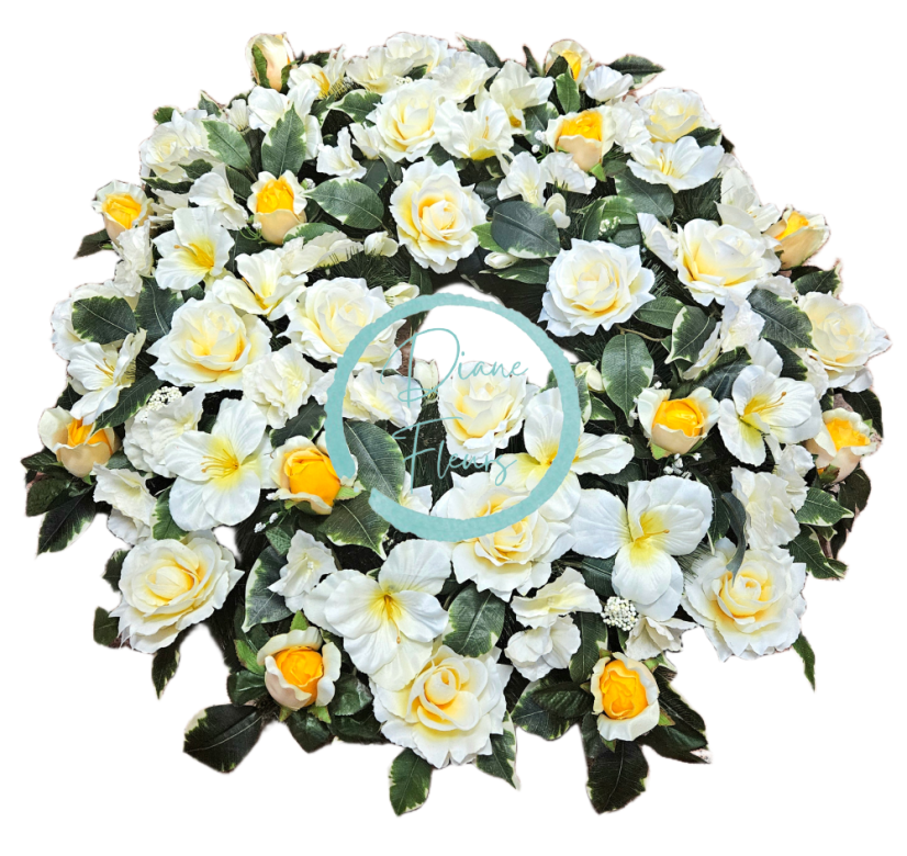 Погребален венец от бор, ексклузивни рози, гладиоли и аксесоари 75 см AS1050