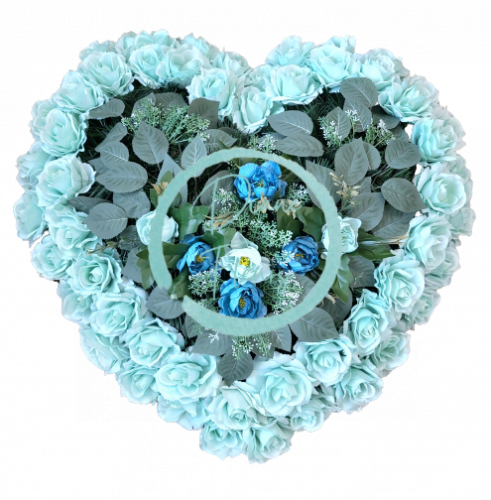 Krásný smuteční věnec srdce s umělými růžemi, pivoňkami a doplňky 65cm x 65cm