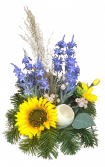 Aranjament pentru cimitir de floarea soarelui, margarete, lavanda si accesorii 26cm x 22cm x 38cm