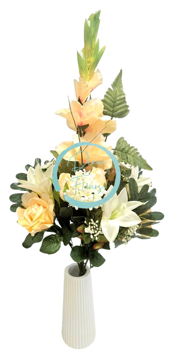 Luxus csokor rózsák, liliom, kardvirág és kiegészítők 70cm barack, sárga, krém