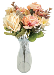 Изкуствен букет от рози, хортензии и аксесоари х9 44 см жълто, розово