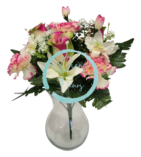 Buchet de trandafiri, garoafe, crini si orhidee x13 33cm burgundia, verde, crem flori artificiale