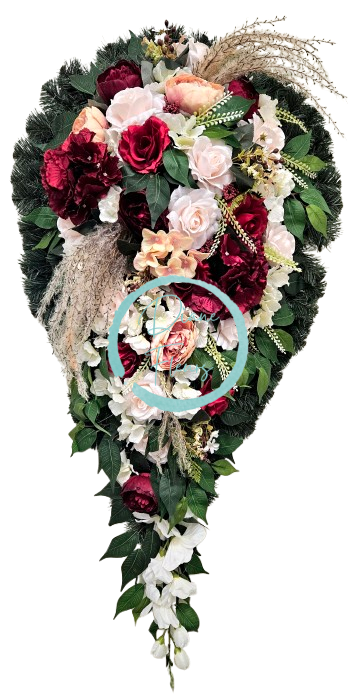 Temetési koszorú "Könny" rózsák, hortenzia, bazsarózsa, kardvirág és kiegészítők 120cm x 60cm