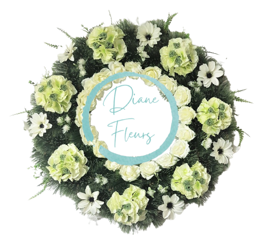 Smútočný borovicový veniec O 80cm Hortenzia & Ruža & Dahlia & Doplnky zelená & krémová umelý
