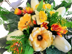 Sympathy arrangement made of artificial Tulips, Anemone, Orchids and Accessories 70cm x 48cm x 20cm