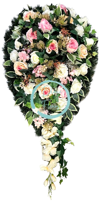 Coroană mare și luxoasă "frunze" de bujori artificiali, trandafiri, hortensii, gladiole si accesorii 120cm x 65cm