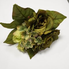 Šopek vrtnic in zelene hortenzije 26 cm umetne