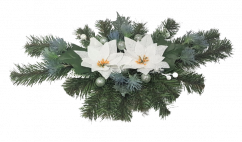 Karácsonyi elrendezés Beton mikulásvirág és bogáncs és kiegészítők 50cm x 25cm x 10cm fehér és kék és zöld