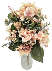 Buchet artificial exclusiv Dalii, Hortensii și accesorii 52cm x 30cm roz