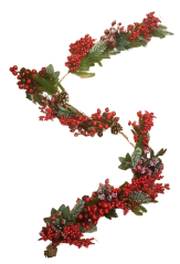 Piękna świąteczna girlanda z jagodami, szyszkami i gałązkami sosny 176cm śnieżna