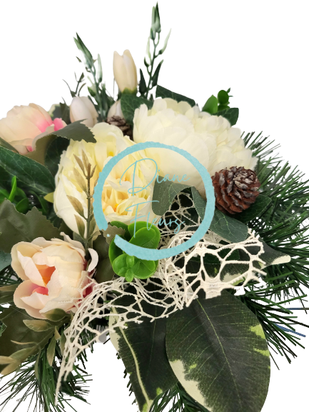 Smútočný aranžmán betonka umelé peonie pivónie a doplnky Ø 28cm x 15cm