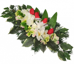 Trauergesteck aus künstliche Tulpen, Hortensie, Gladiole und Zubehör 52cm x 26cm x 15cm