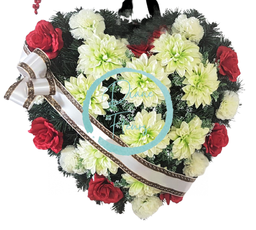 Temetési koszorú elrendezett szív 55cm x 55cm rózsák, dáliák és szegfűk piros és zöld gyászszalaggal