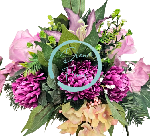 Big sympathy arrangement made of artificial Chrysanthemums, Roses, Gladiolus and Accessories 85cm x 45cm x 28cm