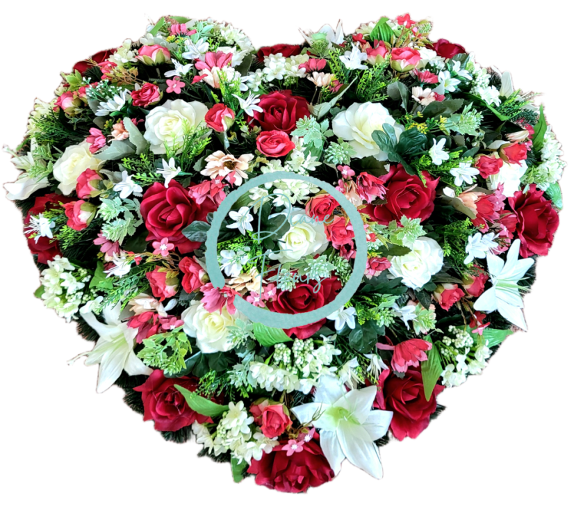 Coroană funerară inimă, trandafiri, crini și flori mici 65cm x 65cm artificială AS1080