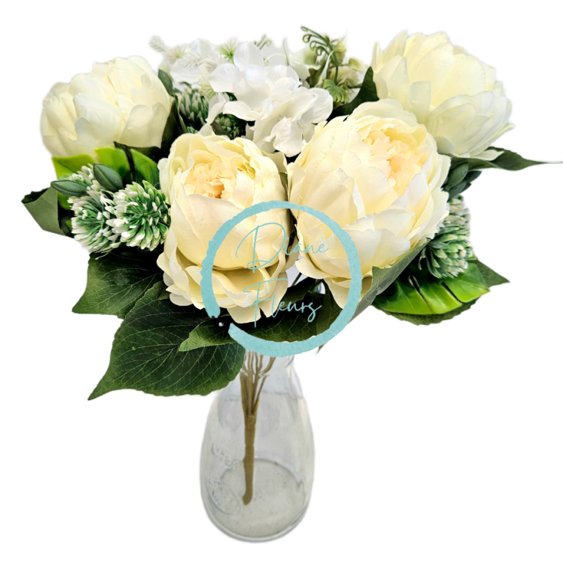 Pivoňky Peonie & Hortenzie kytice 46cm umělá krémová