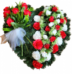 Smuteční věnec "Srdce" z umělých růží, mechu a doplňků 80cm x 80cm