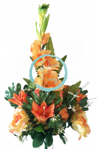 Luxusná kytica ležatá ruža, ľalia, gladiola a doplnky 70cm oranžová a žltá