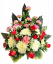 Prekrasan žalobni aranžman od umjetnih karanfila, ruža, dalija i dodataka 70cm x 45cm x 58cm