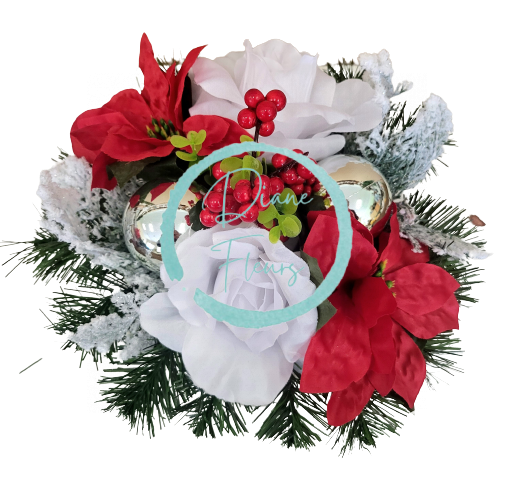 Smútočný aranžmán betonka umelé ruže, poinsettia, bobule, vianočné gule a doplnky 28cm x 20cm