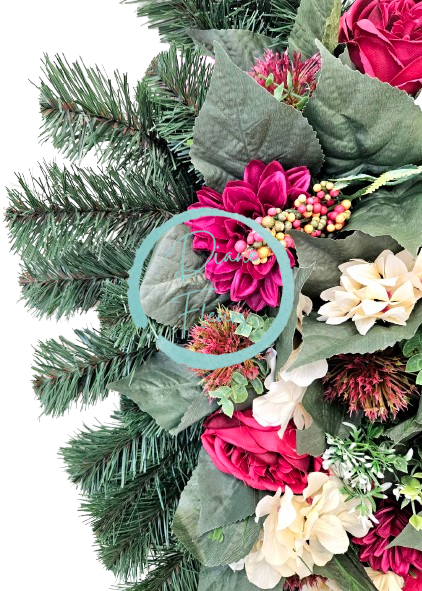 Corona funebre "Leaf" peonie artificiali, dalie, ortensie, cardi e accessori 95 cm x 60 cm AS997