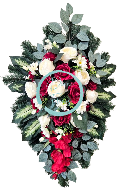 Coroana "frunze" de trandafiri artificiali, bujori, margarete, gladiole si accesorii 100cm x 60cm