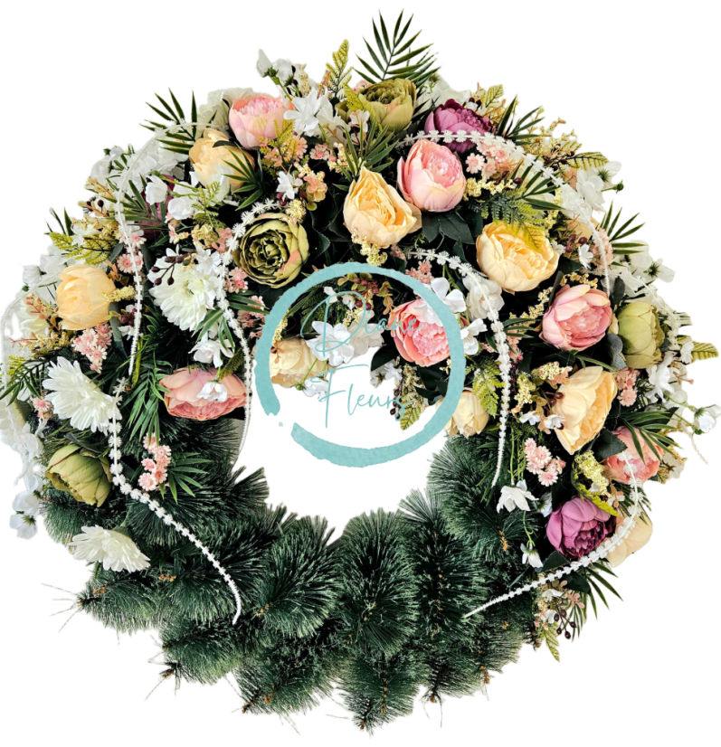 Coroană funerara de pin Exclusiv Bujori artificiali, Gerbere si Accesorii Ø 100cm