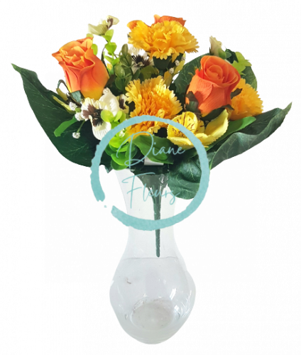 Buchet de garoafă & trandafiri & alstroemeria x13 35cm portocaliu si galben flori artificiale