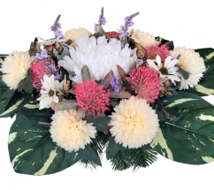 Sympathy arrangement made of artificial Chrysanthemums, Marguerites Daisies, Thistle and Accessories 65cm x 30cm x 20cm