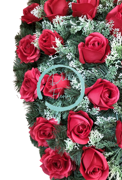 Coroana funerara „Lacrimă” din trandafiri si orhidee 100cm x 65cm