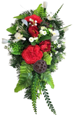 Díszített betontál fenyőből mesterséges szegfű, kalanchoe és kiegészítők 45cm x 27cm x 16cm