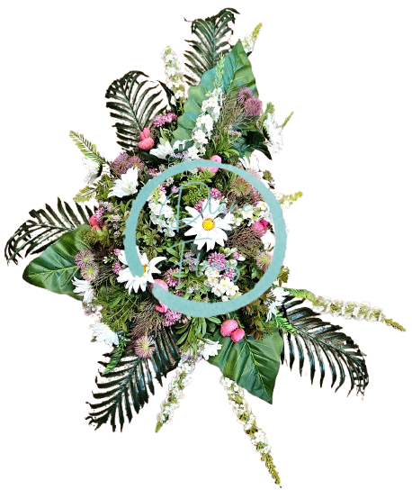 Velký a luxusní aranžmán umělé kopretiny, chryzantémy, ranunculus, bodlák a doplňky 115cm x 90cm AS1040