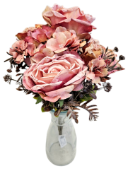 Изкуствен букет от рози, хортензии и аксесоари 44 см розов