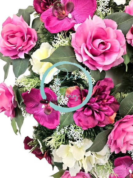 Luksusowy wianek ze sztucznej sosny Exclusive dalie, róże, orchidee i dodatki 65cm