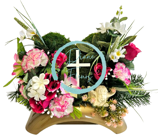 Траурна аранжировка от бетон с изкуствени рози, карамфили, ангел, венец от мъже и аксесоари 46см x 20см x 28см AS833