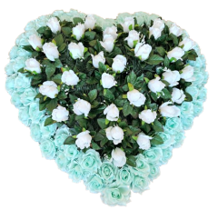 Smútočný veniec "Srdce" z umelých ruží 80cm x 80cm tyrkysová, biela