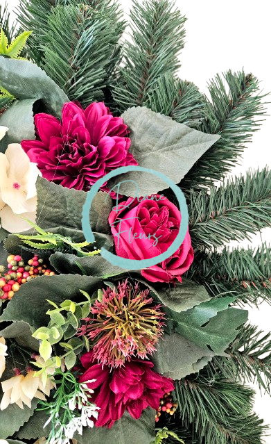Corona funebre "Leaf" peonie artificiali, dalie, ortensie, cardi e accessori 95 cm x 60 cm AS997