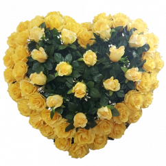 Coroana funerara „Inimă” din trandafiri 65cm x 65cm galben flori artificiale