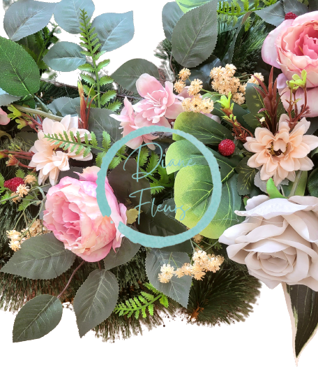 Luxury Artificial Pine Wreath Exclusive Roses, Peonies, Hydrangeas, Gerberas and Accessories 70cm x 80cm