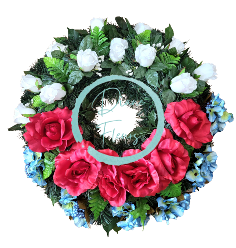Wianek żałobny ze sztucznymi różami i z hortensjami 65cm biały, zielony, niebieski