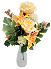 Buchet artificial exclusiv Trandafiri, Crini, Ciulin și accesorii x12 54cm x 30cm galben, portocaliu