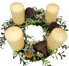 Christmas advent mossy wreath with candles, dried fruits and accessories 25cm
