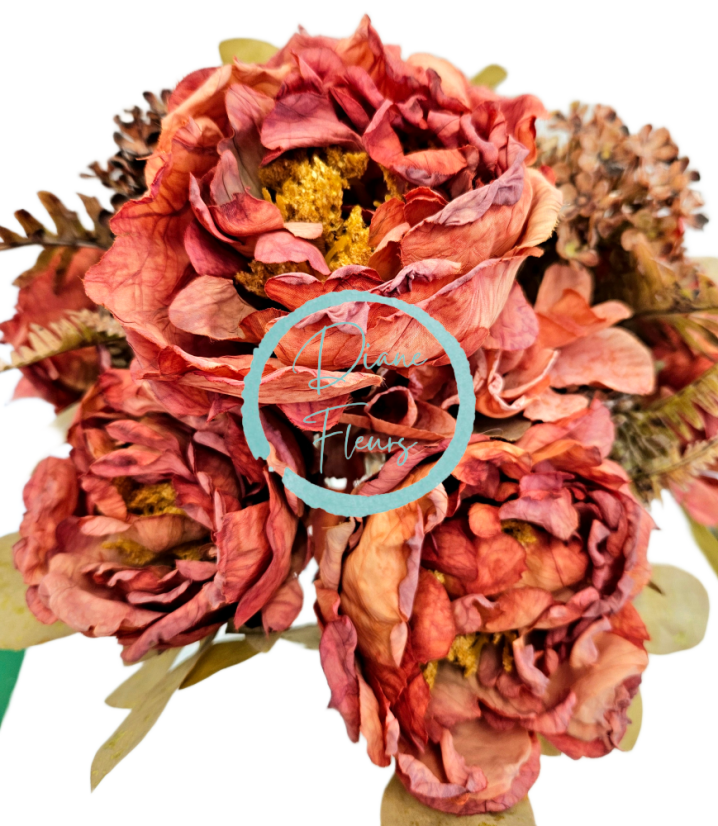 Изкуствен букет от божури, хортензии и аксесоари 48 см оранжево